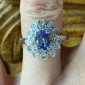 Natural Tanzanite Tsavorite Garnet Sterling Silver Ring Size 7